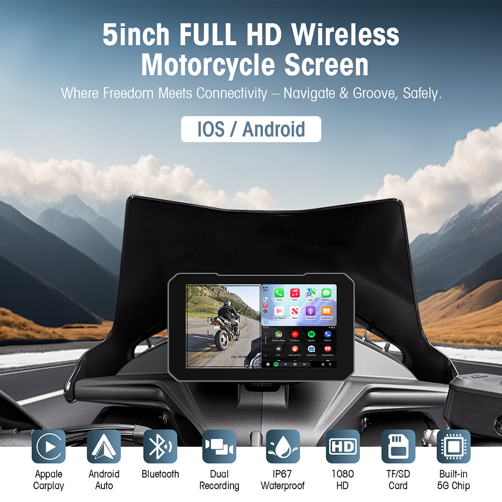 Pantalla de motocicleta - 5 pulgadas - camaras Full HD- Carplay Android Auto - Sensores de presion